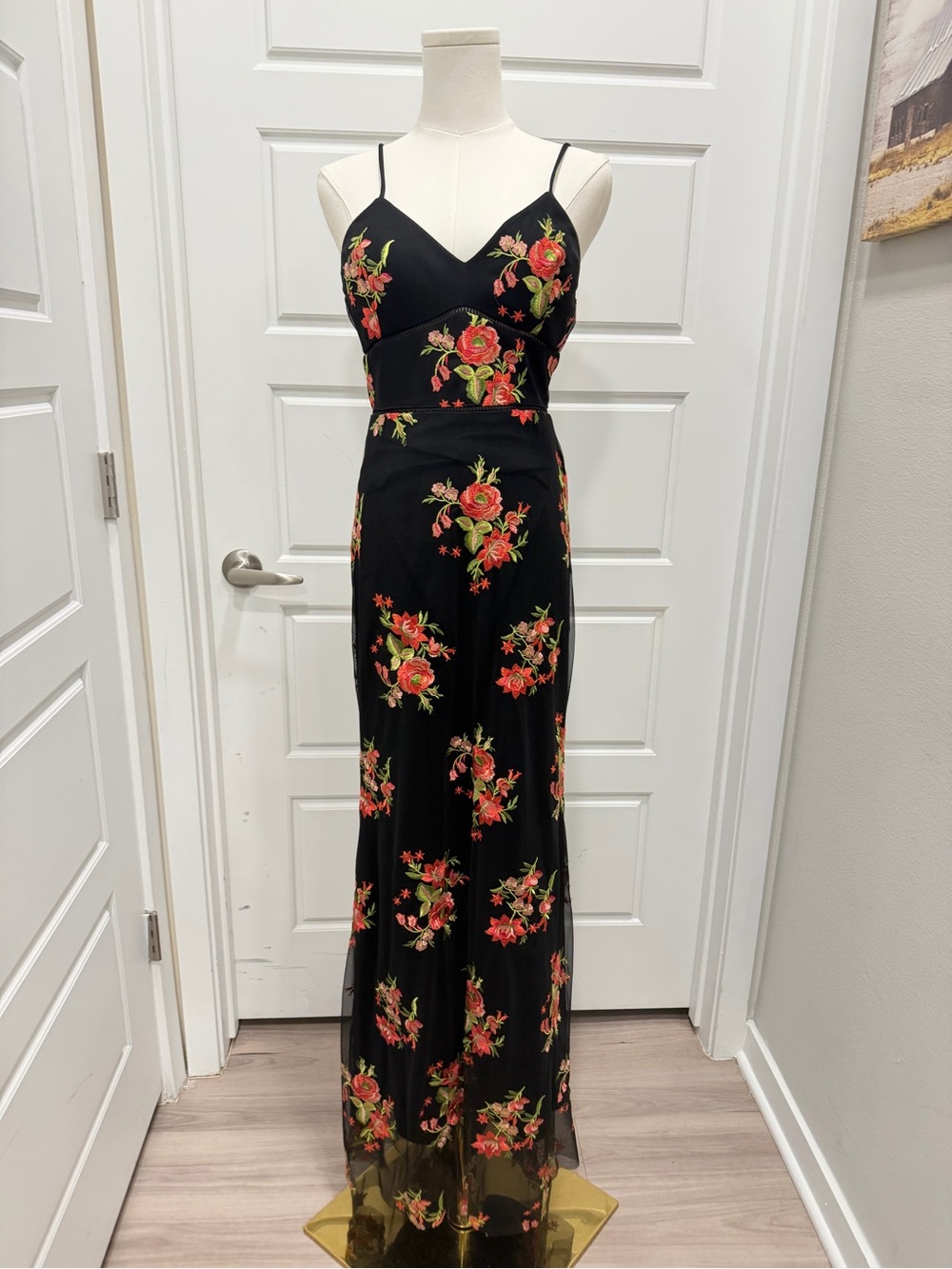 GB Black Floral Embroidered Spaghetti Strap Maxi Dress